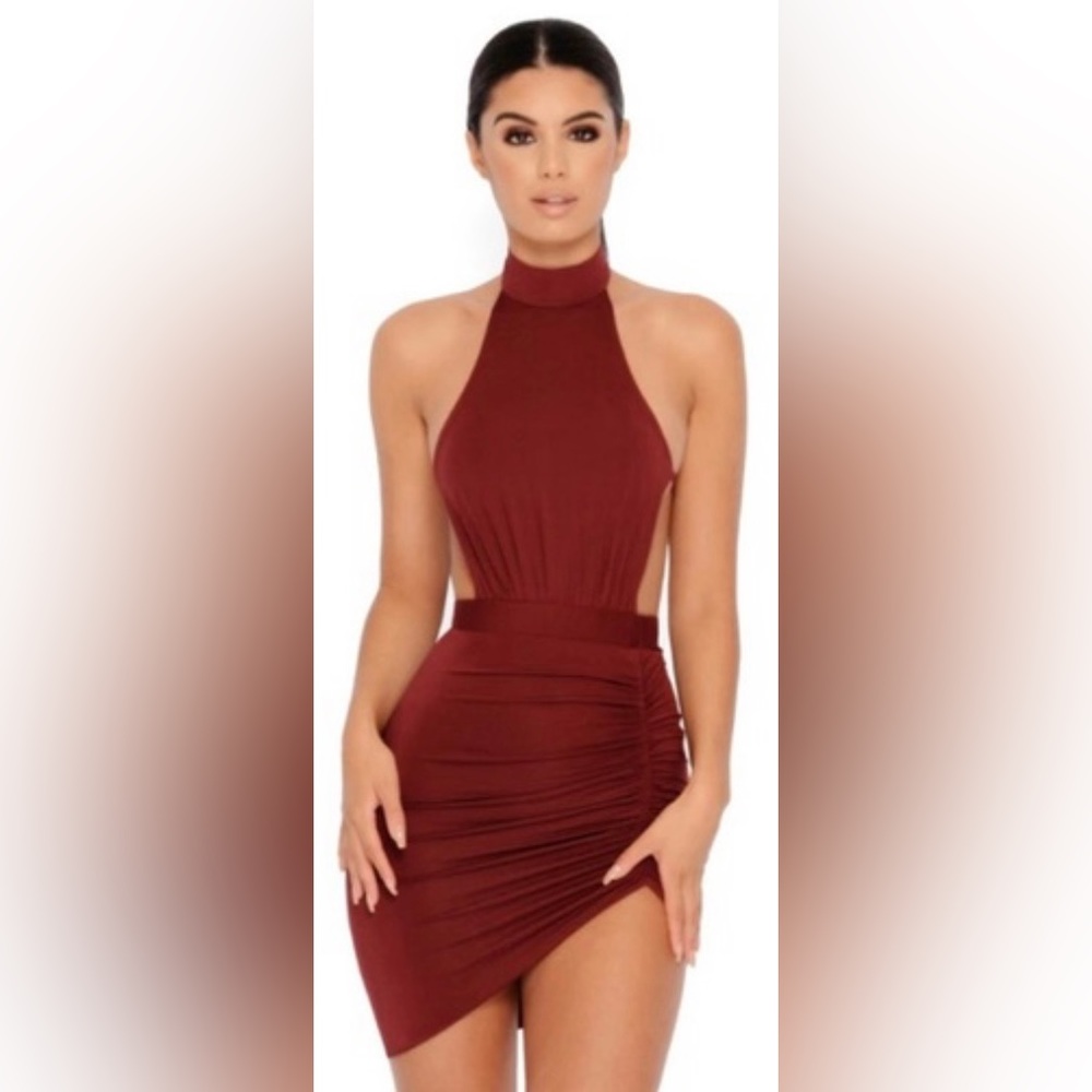 OH POLLY - Maroon Rushed Halter Neck Dress